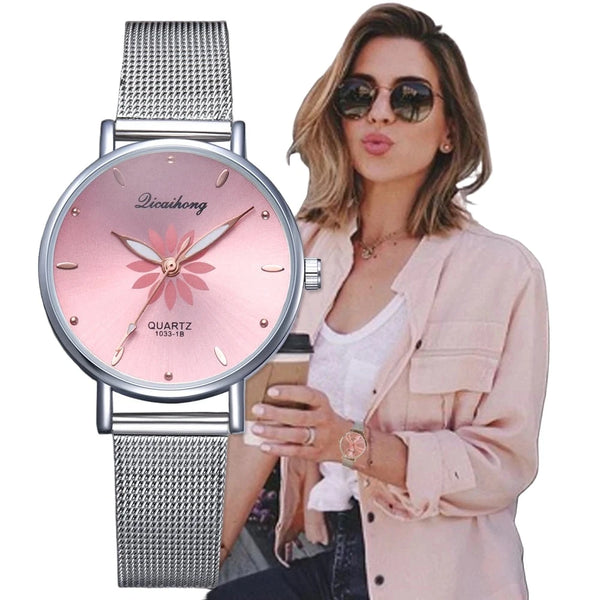 Women Luxury Wrist Watch Silver Pink Dial Flowers Metal Bracelet Quartz