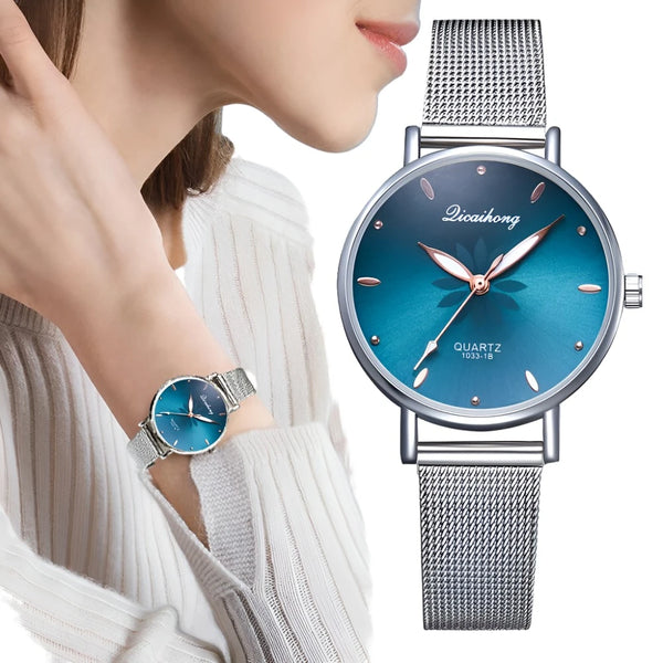 Women Luxury Wrist Watch Silver Pink Dial Flowers Metal Bracelet Quartz
