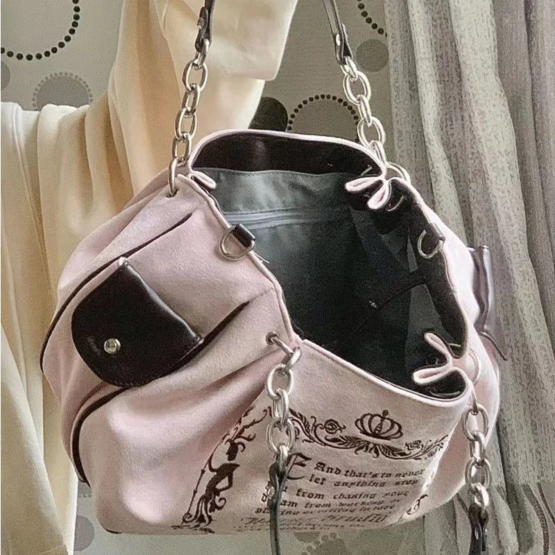 Trendy Gothic Chain Handbag Canvas Shoulder Bags Vintage Tote Bag for Women