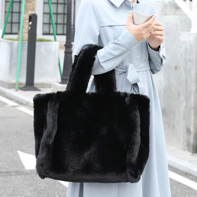 White Faux Fur Tote Bag, Fur Handbag for Winter Holidays